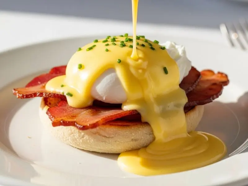 "Ovos Benedict com molho hollandaise cremoso e estável derramando sobre ovo pochê — emulsão na cozinha aplicada ao molho clássico da culinária francesa"