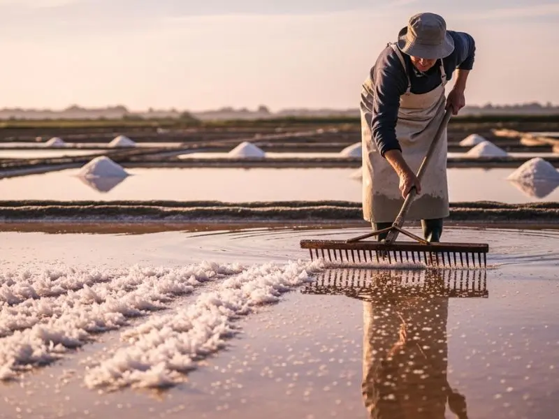 "Paludier colhendo flor de sal manualmente na superfície das salinas de Guérande — colheita artesanal que preserva os cristais delicados do ingrediente premium"