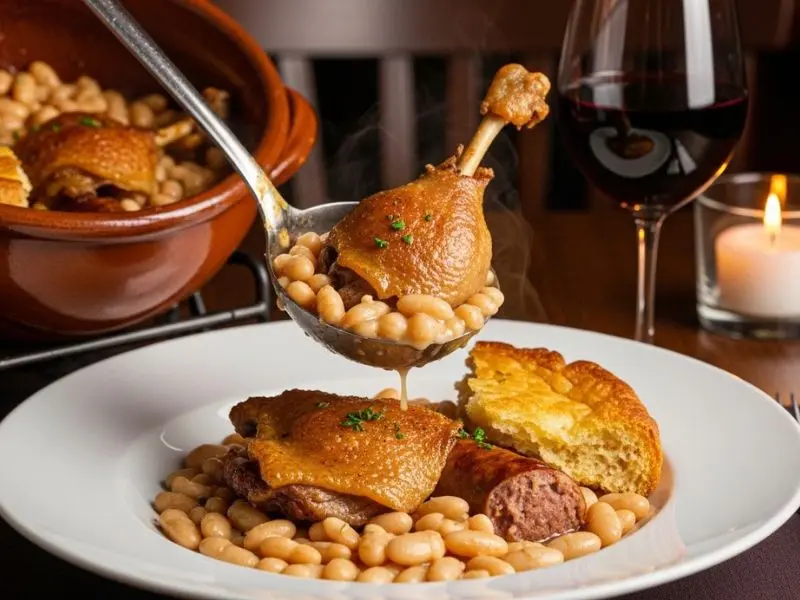 "Porção de cassoulet receita sendo servida em prato fundo mostrando feijão cremoso confit de pato com pele crocante linguiça e crosta quebrada com vinho tinto ao lado"