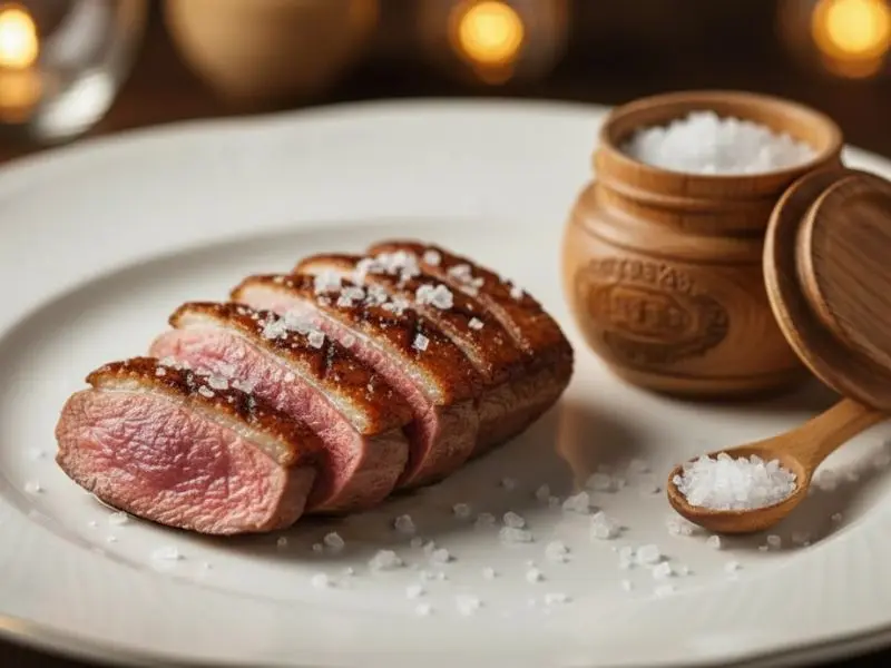 "Pote de flor de sal aberto ao lado de prato finalizado com peito de pato — cristais irregulares visíveis na superfície da carne como finalização de ingrediente premium"