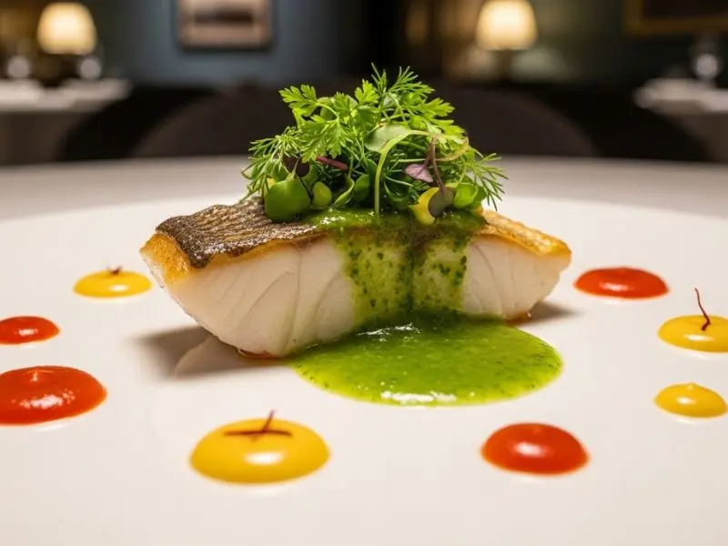 "Prato de alta gastronomia basca com peixe do Mar Cantábrico em salsa verde e micro ervas em emplatado preciso de restaurante com estrela Michelin em San Sebastián"