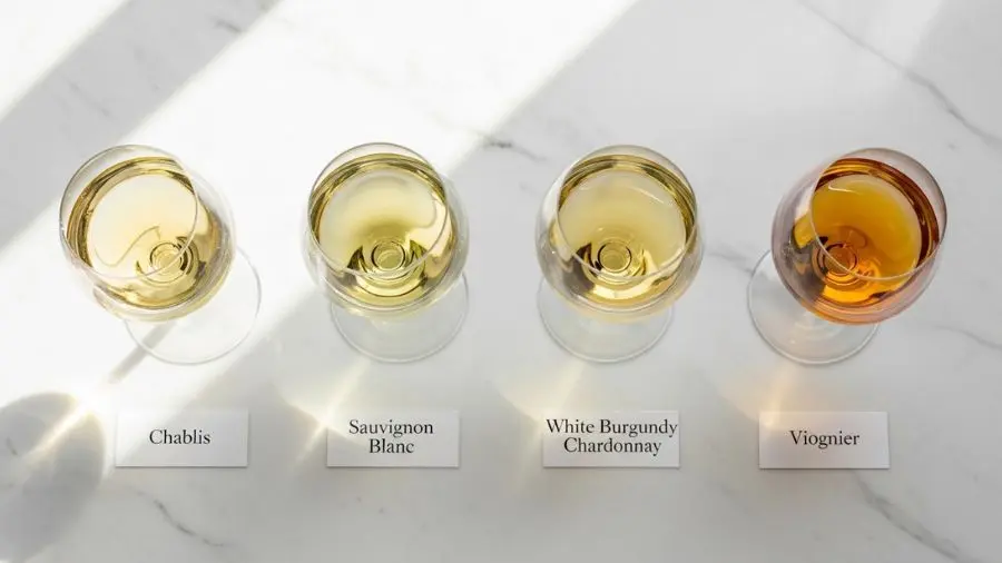 "Quatro taças de vinho branco em diferentes tons de cor Chablis pálido Sauvignon Blanc dourado esverdeado Borgonha dourado médio e Viognier dourado intenso para harmonização vinho branco" 