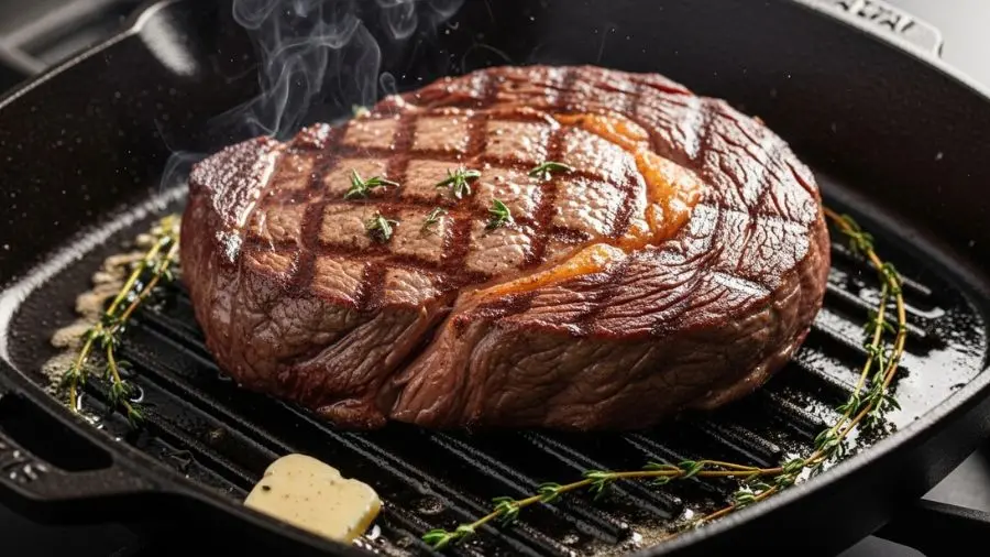 "Essa crosta dourada não é só estética. É a reação de Maillard — centenas de compostos aromáticos criados em segundos acima de 140°C. É onde o sabor mora. 🔥" -->