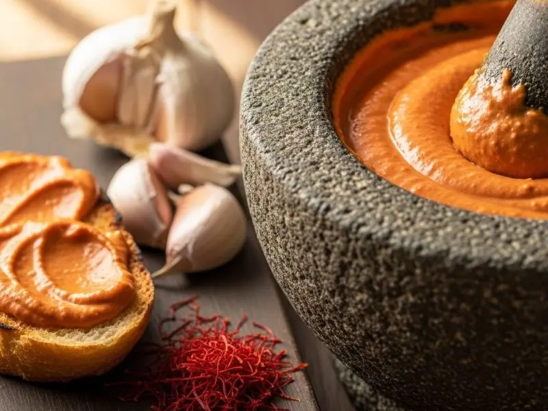 "Rouille provençal cor terracota intenso sendo preparado em pilão com açafrão alho e azeite ao lado de torrada de baguete com a maionese para bouillabaisse receita"