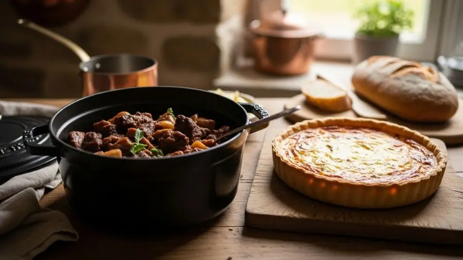 Rustic French kitchen table, boeuf bourguignon in cast iron pot, quiche lorraine on wooden board, warm natural light, food photography, cinematic, 169, shallow depth of field