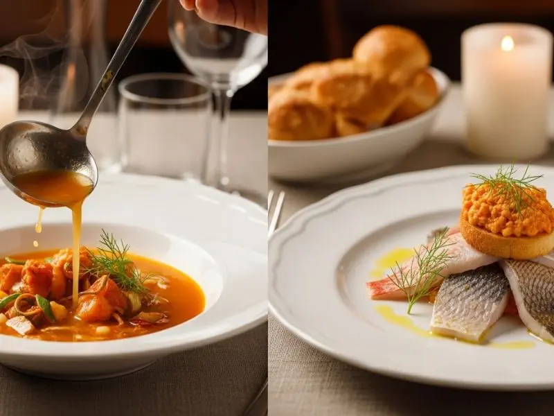 "Serviço em dois tempos da bouillabaisse receita com caldo açafrão sendo servido à esquerda e peixes separados com crouton de rouille à direita em atmosfera de restaurante francês"
