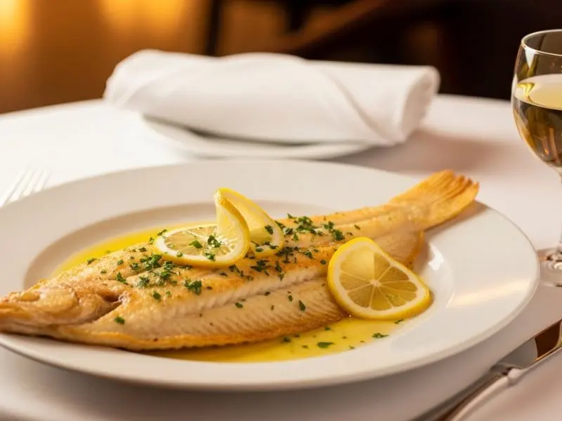 "Sole meunière finalizado com beurre noisette salsinha e limão em prato branco ao lado de taça de Borgonha branca em mesa elegante e intimista"