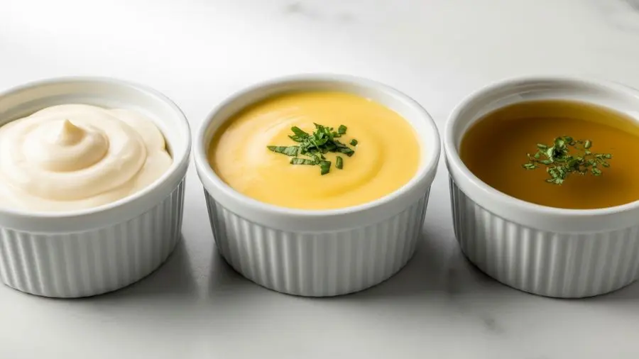 "Três molhos emulsionados em ramekins — maionese branca, hollandaise dourada e vinagrete emulsionado — resultado correto da emulsão na cozinha com técnica estável"