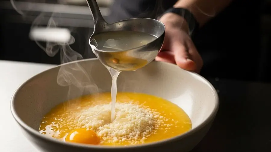 "A água de cozimento da massa, rica em amido, é o ingrediente secreto que regula a emulsão."