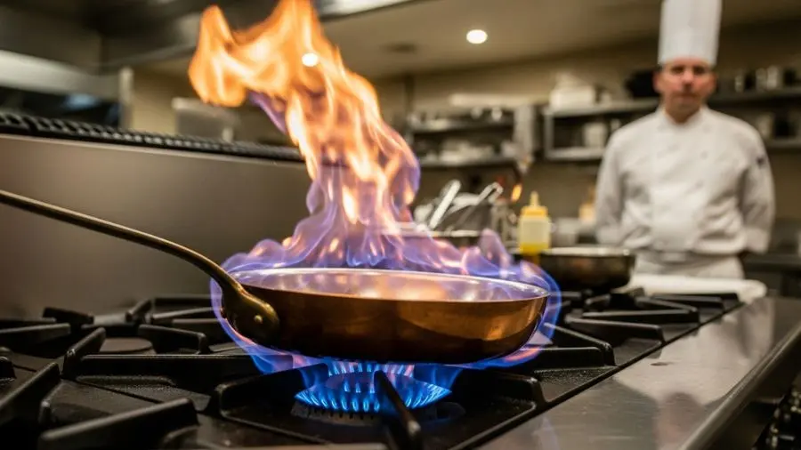 "A flambagem correta: chama baixa e controlada, frigideira afastada do exaustor, álcool aquecido antes de inflamar."