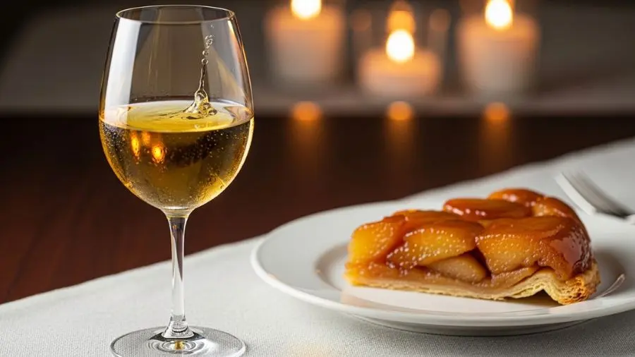 "taca de sauternes ao lado de tarte tatin em mesa de jantar com luz de vela harmonizacao vinho sobremesa"
