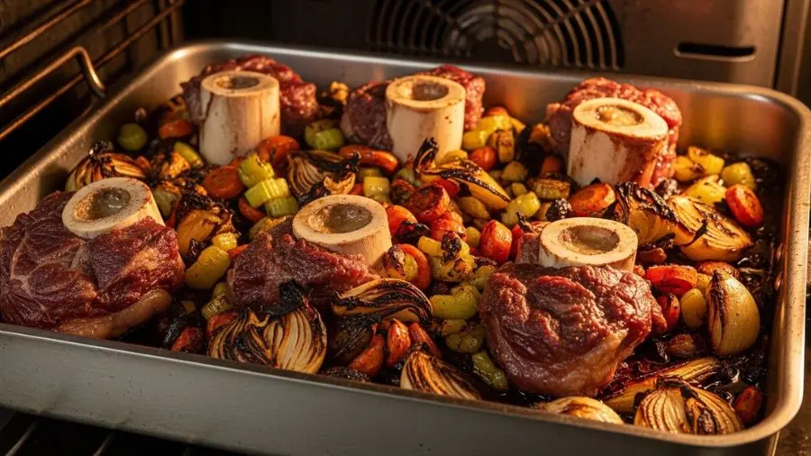 "Assadeira profissional grande dentro de forno comercial com ossos de vitela partidos e mirepoix grosseiro na caramelização máxima ossos marrom mogno escuro com tutano visível legumes profundamente caramelizados com bordas levemente carbonizadas e gordura acumulada na assadeira"