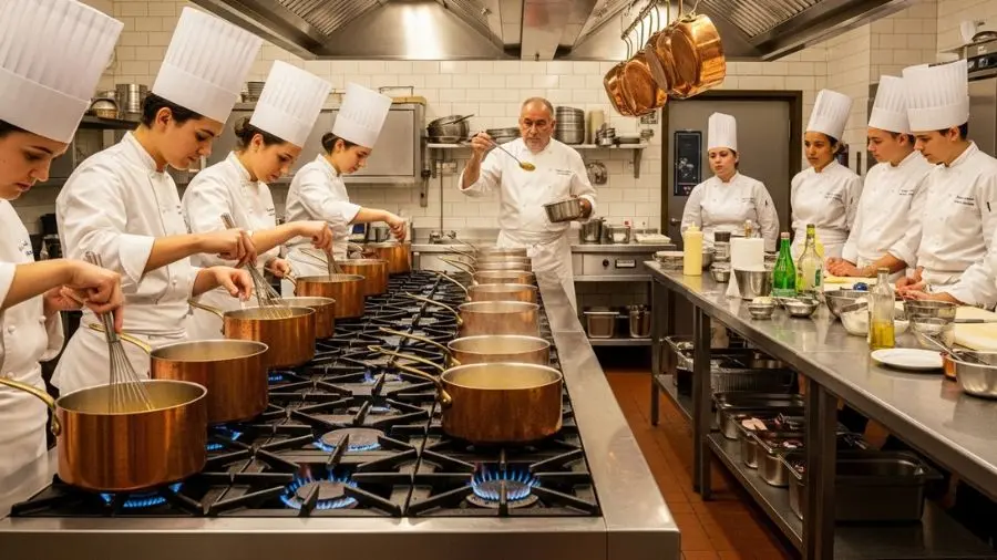 "Aula de molhos clássicos em escola de gastronomia profissional francesa — técnica de molhos mães ensinada por chef com panelas de cobre" 