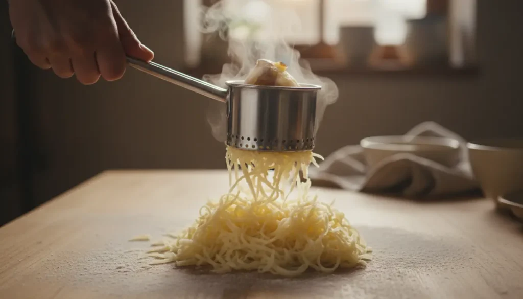 "Batata assada quente sendo espremida através de espremedor de rosca sobre superfície de madeira ou mármore limpa batata emergindo em fios leves e fofos de aspecto seco sem ser purê úmido vapor claramente visível subindo da batata espremida enfatizando temperatura quente crítica para gnocchi" 