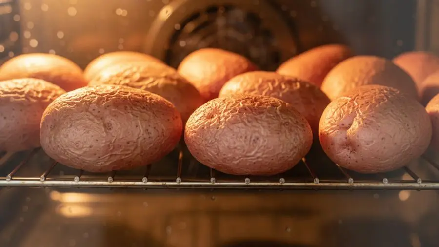 "Batatas inteiras com casca asterix vermelha assando diretamente na grade do forno sem papel alumínio e sem assadeira pele levemente enrugada e ressecada mostrando técnica correta de remoção máxima de umidade antes de fazer gnocchi com luz quente do interior do forno" 