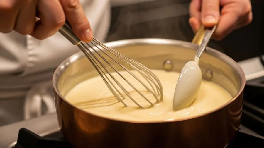 "Béchamel no ponto nappe sendo trabalhado com fouet em panela de cobre — técnica correta de molho branco clássico francês"