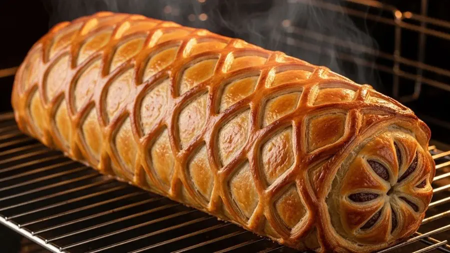 "Beef Wellington perfeitamente assado recém saído do forno descansando sobre grade de resfriamento massa folhada dourado-marrom profunda e uniforme estaladiça e crocante com camadas visíveis na massa o padrão decorativo de marcação no topo criando padrão de diamante ou linear bonito Wellington mantendo forma cilíndrica perfeita vapor subindo suavemente dos furos de ventilação nas extremidades cor uniformemente dourada em toda superfície resultado tecnicamente perfeito fundo de cozinha escuro com luz quente do forno"