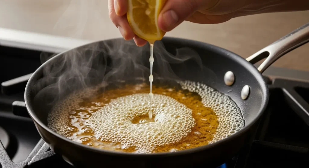 "Beurre noisette no ponto âmbar dourado perfeito com espuma dourada na frigideira e limão sendo espremido criando espuma dramática na etapa final da sole meunière receita"