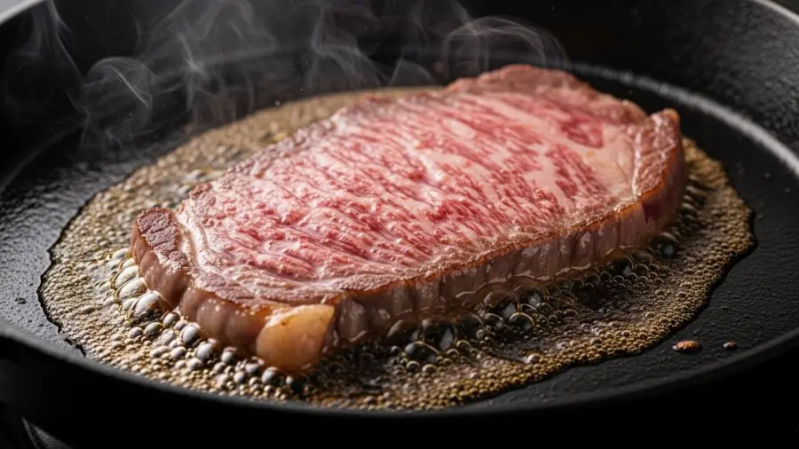 "Bife de wagyu A5 sizzling em frigideira de ferro fundido muito quente gordura do marmoreio derretendo rapidamente criando poça de gordura dourada e aromática ao redor do bife superfície com crosta de Maillard dourado-escura perfeita enquanto interior ainda claramente rosado e mal passado bife fino de cerca de 1cm sendo cozinhado por apenas segundos de cada lado gordura crepitando com iluminação dramática e sombria e vapor subindo da frigideira"