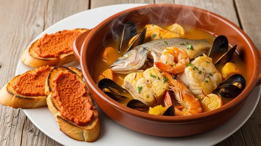 "Caldo cor de açafrão, peixes inteiros, rouille na torrada. Não é sopa de peixe. É bouillabaisse — e a diferença começa no caldo." -->
