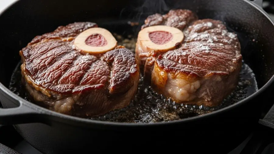  "Caçarola de ferro fundido em fogo alto com dois pedaços de ossobuco sendo selados lado inferior mostrando crosta marrom-mogno profunda da reação de Maillard com bordas da carne começando a mostrar a linha de selagem gordura de cozimento brilhando levemente fumegando peças de ossobuco levemente enfarinhadas visível como cobertura leve cozinha claramente quente e ativa iluminação lateral dramática e close-up enfatizando a cor da selagem e a textura crocante sendo desenvolvida" 