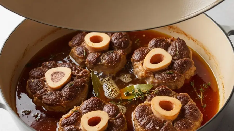 "Caçarola larga e funda com tampa parcialmente aberta mostrando quatro peças de ossobuco alla milanese em líquido de braseado levemente fervendo com penas algumas bolhas preguiçosas quebrando a superfície líquido de âmbar-dourado profundo e bonito peças de carne dispostas confortavelmente cada uma mostrando a seção transversal do osso e uma sugestão da crosta de selagem acima da linha do líquido ervas frescas tomilho e louro visíveis no líquido cena serena e paciente"