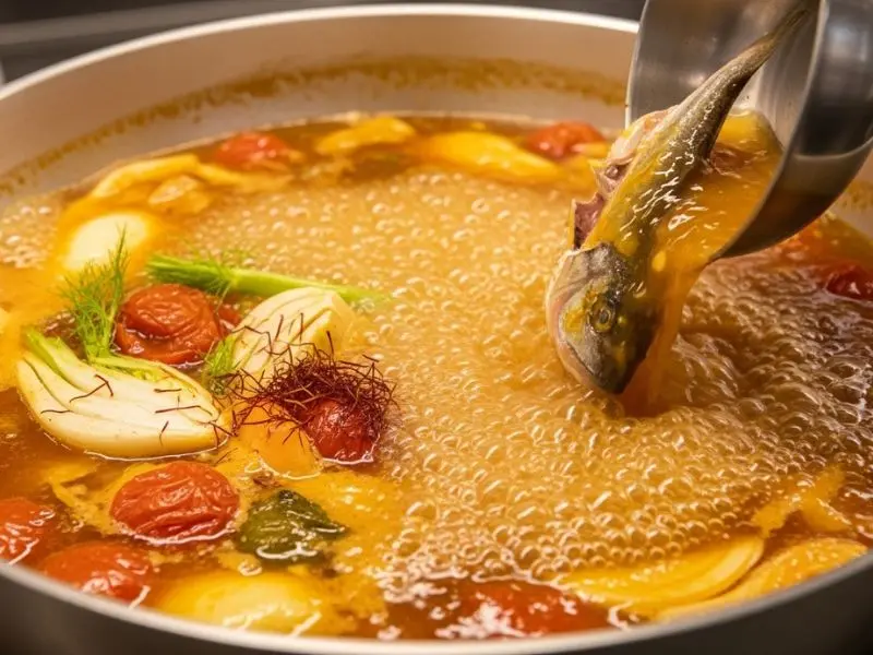 "Caldo base da bouillabaisse receita em panela larga de fundo grosso com caldo dourado-alaranjado intenso de açafrão erva-doce tomates e aromáticos com peixe inteiro sendo adicionado à fervura vigorosa"