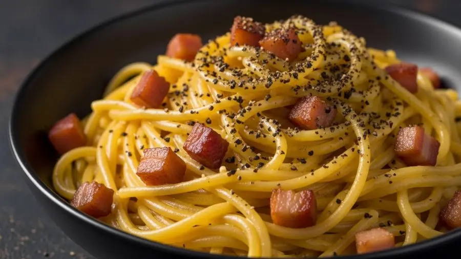 "carbonara classica italiana com guanciale molho de gema sedoso e pimenta do reino em bowl de ceramica"