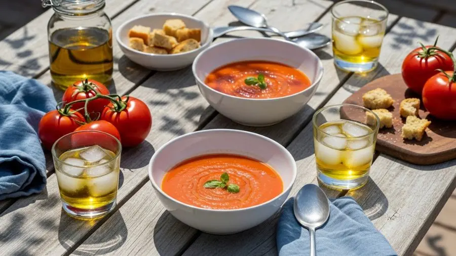 "Cena fotografia de food lifestyle relaxada e bonita duas tigelas brancas de gazpacho vermelho-laranja vívido em mesa de madeira desbotada pelo sol ao ar livre com taças de fino gelado ao lado tomates frescos garrafa de azeite e pequena tábua de madeira com croutons completando a cena luz solar natural dappled criando sombras quentes e frias atmosfera de verão mediterrâneo lânguido brilhante e fresco gazpacho estrela com cor saturada e bonita na luz natural" 