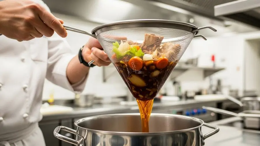 "Chef coando fundo escuro de vitela rico e marrom profundo através de chinois cônico de malha fina em panela limpa e larga fundo cor mogno claro e brilhante apesar da escuridão com peneira cheia de ossos e mirepoix gastos mãos do chef mostrando precisão e cuidado em cozinha profissional"