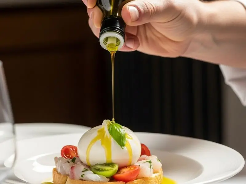 "Chef fazendo fio fino e preciso de azeite de oliva extra virgem dourado-esverdeado sobre prato finalizado com burrata ou peixe crudo em apresentação de fine dining com luz natural quente"
