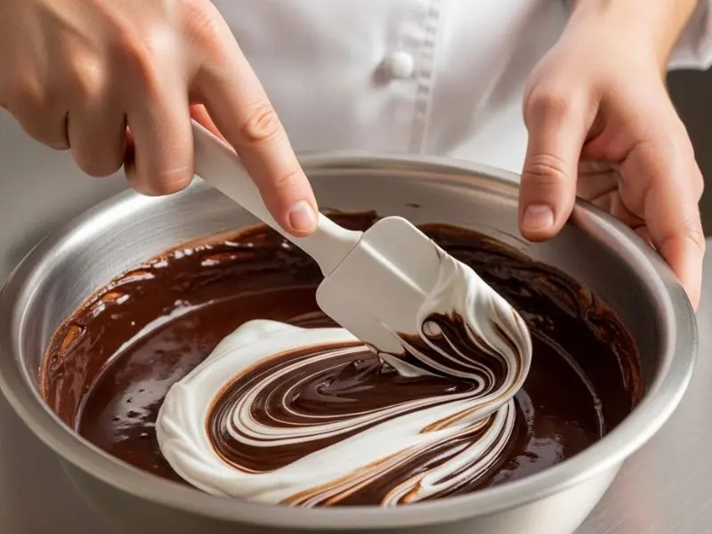"Chef incorporando claras em neve com espátula em mistura de chocolate escuro brilhante na tigela com listras brancas visíveis no chocolate na técnica de folding da mousse au chocolat"