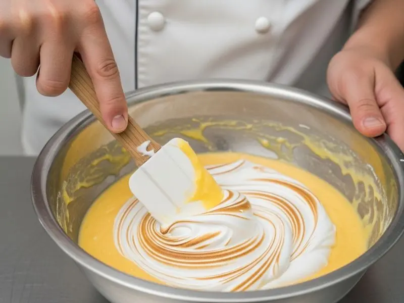 "Chef incorporando claras em neve na base de béchamel de queijo com técnica de folding com espátula mostrando listras brancas na mistura dourada no preparo do soufflé de queijo"