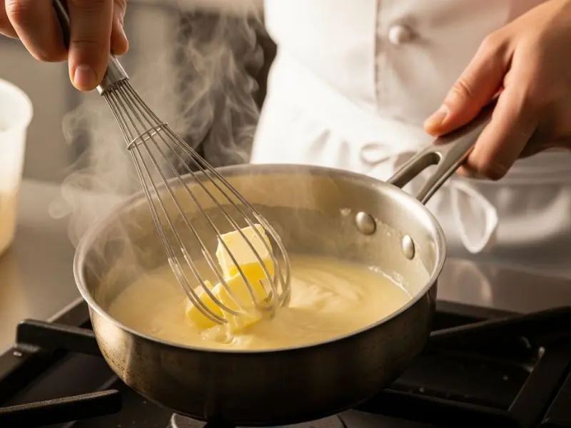 "Chef incorporando cubos de manteiga gelada um a um na redução com fouet em movimentos circulares constantes com molho beurre blanc cor marfim sedoso e brilhante se formando em panela pequena"