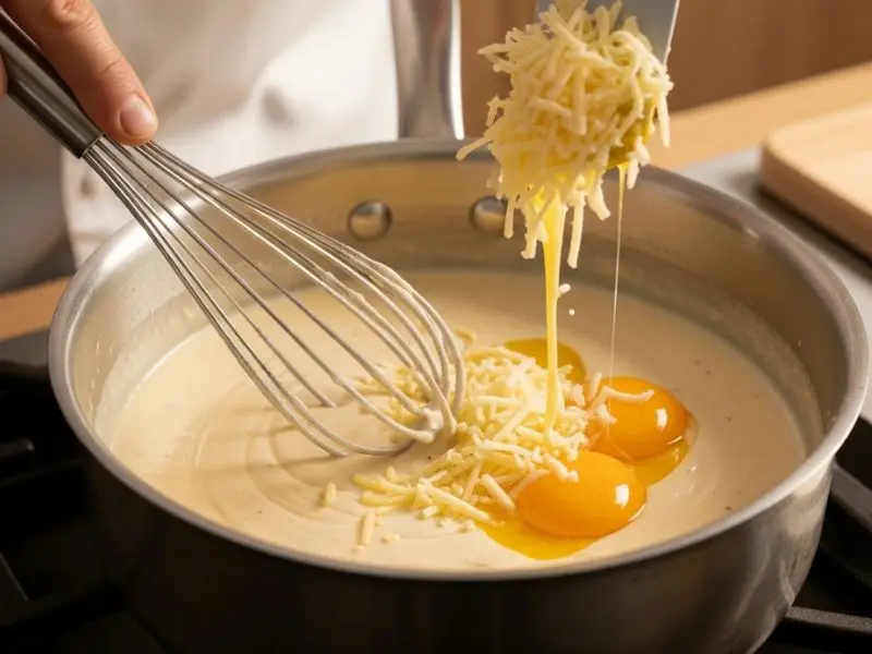 "Chef preparando base de béchamel espessa para soufflé de queijo com gruyère ralado derretendo e gemas sendo incorporadas uma a uma fora do fogo em panela de fundo grosso"