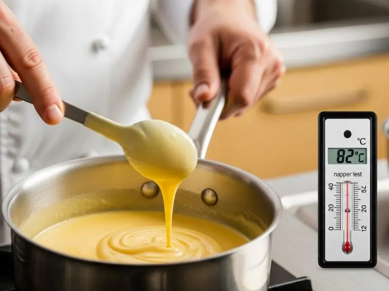 "Chef preparando crème anglaise em panela de fundo grosso mexendo com colher de madeira com termômetro marcando 82 graus e teste de napper visível na colher para île flottante receita"