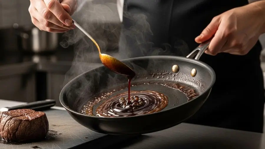"Chef profissional adicionando colher de demi-glace escuro e brilhante em frigideira quente com sucos de bife recém descansado demi-glace sizzlando e dissolvendo criando molho aromático e brilhante com chef girando a frigideira e filet mignon descansando em tábua ao fundo em iluminação dramática com vapor subindo" 