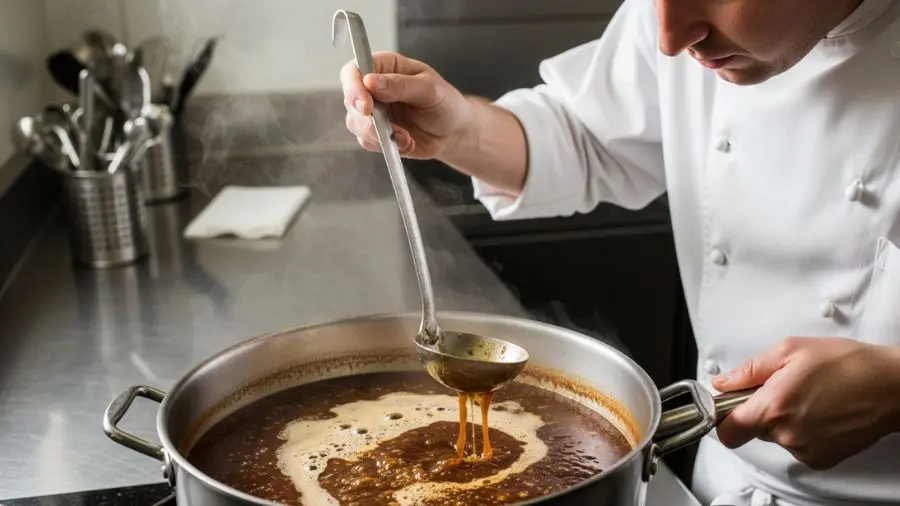 "Chef realizando dégraissage clássico removendo gordura e impurezas da superfície do molho espagnole escuro com concha fria em panela larga e pesada em técnica profissional"
