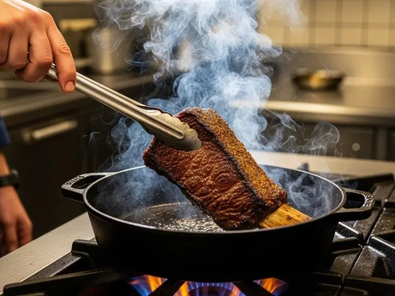 Chef selando costela bovina em cocotte de ferro fundido muito quente com crosta marrom escura da reação de Maillard e fumaça visível na técnica de brasear