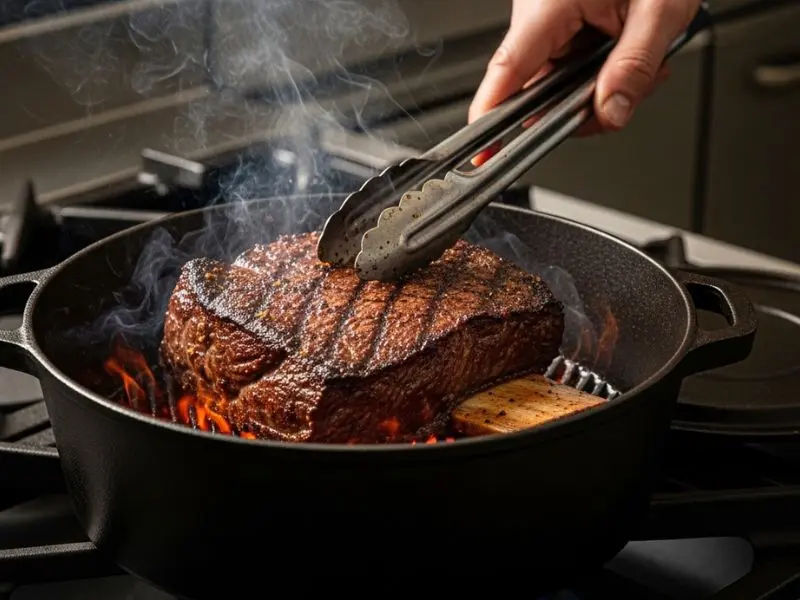 "Chef selando costela bovina em cocotte de ferro fundido muito quente com crosta marrom escura da reação de Maillard e fumaça visível na técnica de brasear"