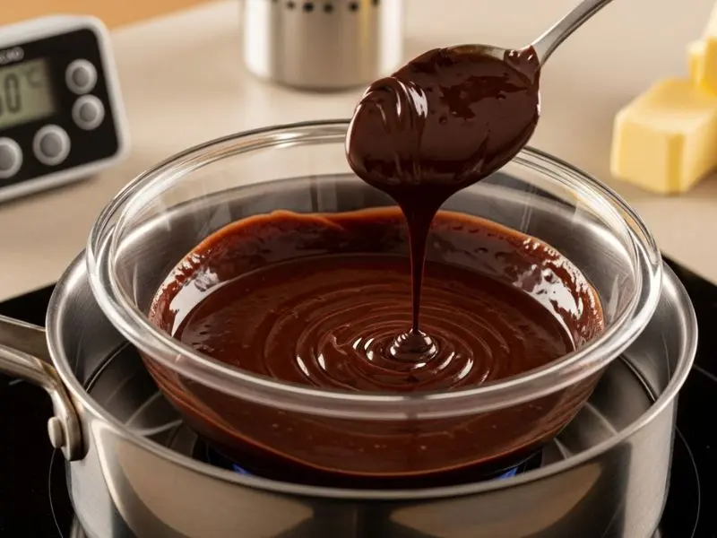 "Chocolate amargo 70% derretendo em banho-maria em tigela de vidro com termômetro marcando 45 graus manteiga ao lado para incorporação na mousse au chocolat clássica"