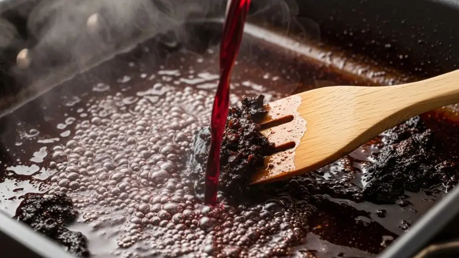 "Close-up de deglaçamento em assadeira após os ossos serem removidos vinho tinto sendo despejado na assadeira quente com fondo caramelizado escuro preso no fundo o vinho chiando violentamente ao contato com a assadeira quente espátula de madeira raspando o resíduo escuro e concentrado caramelizado do fundo o fundo se dissolvendo no vinho criando líquido aromático de cor profunda vapor e fios de vapor de álcool subindo cor do líquido borgonha profundo misturado com o caramelo escuro do fondo"