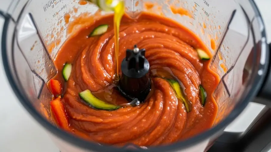 "Close-up de liquidificador de alta velocidade tipo Vitamix em ação processando ingredientes de gazpacho recipiente do liquidificador mostrando vórtice vermelho-laranja profundo de tomate pepino e pimentão sendo processados em alta velocidade fio fino de azeite dourado sendo derramado pela abertura superior técnica clássica de emulsificação cor rica e vibrante ação do liquidificador criando redemoinho dramático no centro"