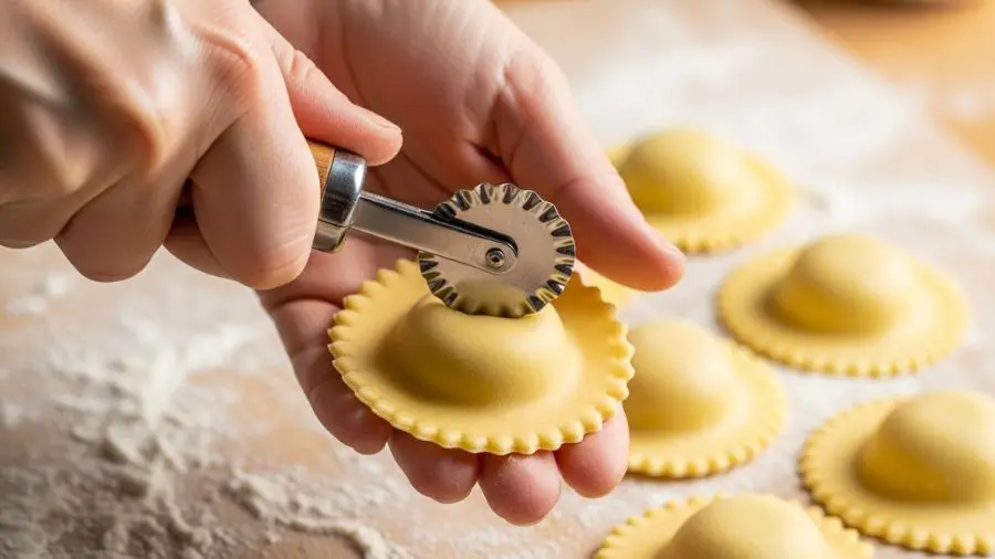 "Close-up de mãos usando cortador serrilhado de massa para cortar entre porções de ravioli criando bordas serrilhadas precisas massa bem selada sem bolhas de ar visíveis um ravioli completo sendo segurado mostrando cúpula do recheio paredes de massa douradas translúcidas e borda serrilhada bem fechada com mais ravioli em vários estágios ao fundo"