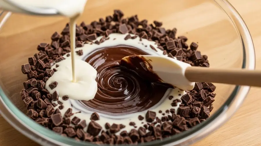 "Close-up do processo de fazer ganache creme quente acabou de ser despejado sobre chocolate amargo picado em tigela de vidro chocolate começando a derreter nas bordas onde o creme quente toca espátula de silicone começando círculos pequenos no centro início do processo de emulsificação mistura no centro começando a ficar brilhante e lisa enquanto bordas externas ainda estão em pedaços não misturadas em luz natural quente de cozinha" 