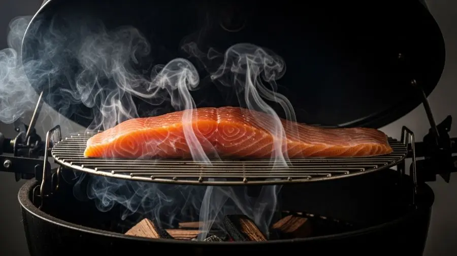 "Defumação a frio caseira: o salmão ainda está cru, a carne não cozinha, mas os compostos aromáticos da fumaça penetram na superfície. Menos de 25°C durante todo o processo — é aqui que a maioria dos setups domésticos falha." -->