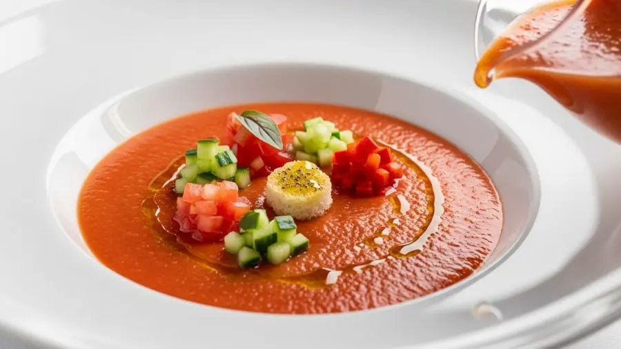 "Close-up elegante de qualidade restaurante de gazpacho sendo servido tigela rasa branca com bordas largas com gazpacho vermelho-laranja vívido no centro guarnições pequenas dispostas com precisão brunoise minúsculo de tomate maduro vermelho pepino verde pimentão vermelho brilhante crouton pequeno coberto de azeite fio fino final de azeite de alta qualidade capturando a luz criando brilho pequena jarra de gazpacho adicional visível ao fundo cena elegante mínima e mediterrânea"