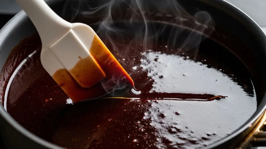 "Close-up elegante e dramático de demi-glace sendo testado para consistência espátula de silicone sendo arrastada pela superfície do demi-glace reduzindo em panela pequena de fundo grosso deixando linha limpa que mantém sua forma o teste nappe provando que o molho cobre as costas da colher o demi-glace é mogno-preto profundo e brilhante quase xaroposo com superfície que brilha como laca polida fios de vapor subindo do molho concentrado fundo escuro iluminação lateral dramática de fonte única"