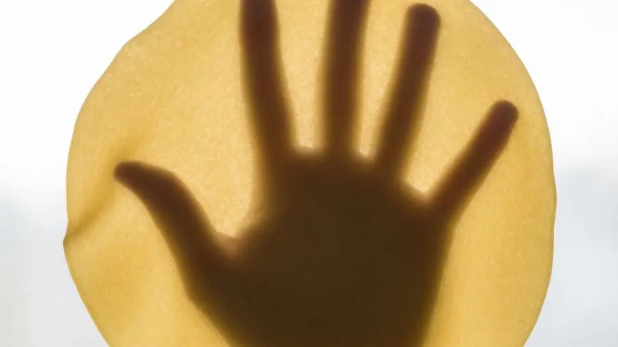 "Close-up extremo de folha fina de massa fresca para ravioli sendo segurada contra fonte de luz levemente translúcida mostrando sombra suave da mão atrás textura lisa e uniforme sem rachaduras cor dourada das gemas brilhando levemente na contraluz"