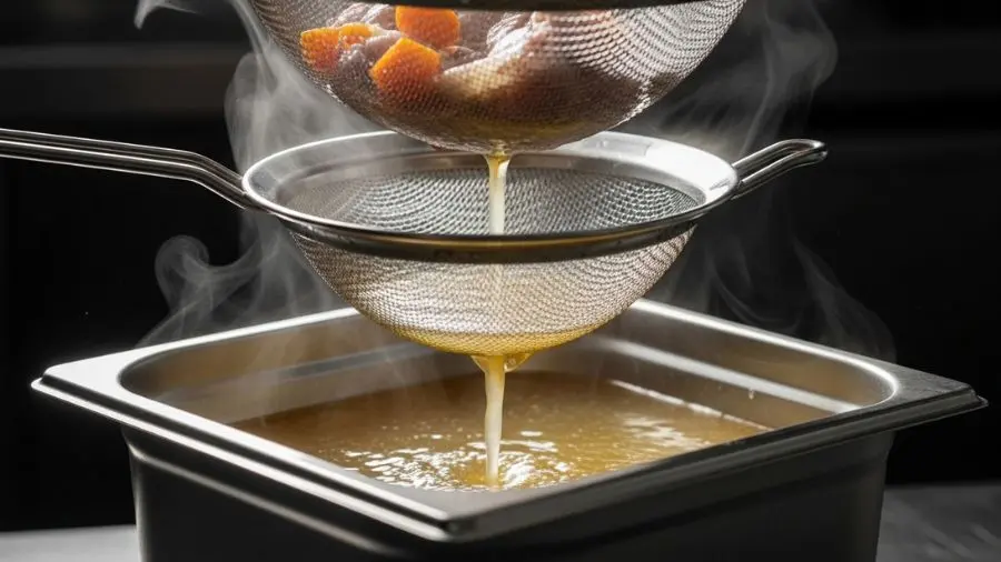 "Fundo de vitela claro coado pelo chinois: cor dourado-pálida cristalina, vapor que indica temperatura correta de extração, leve brilho que promete a textura gelificada após o resfriamento. Esse é o resultado de 4 a 6 horas de extração controlada — não de pressão ou pressa." -->